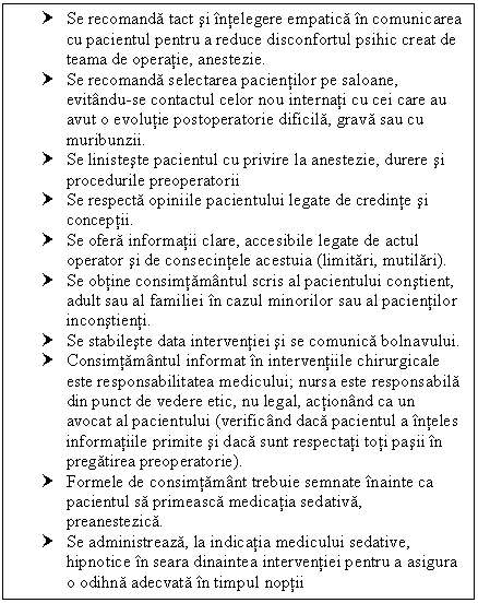 Text Box: † Se recomanda tact si intelegere empatica in comunicarea cu pacientul pentru a reduce disconfortul psihic creat de teama de operatie, anestezie.
† Se recomanda selectarea pacientilor pe saloane, evitandu-se contactul celor nou internati cu cei care au avut o evolutie postoperatorie dificila, grava sau cu muribunzii.
† Se linisteste pacientul cu privire la anestezie, durere si procedurile preoperatorii
† Se respecta opiniile pacientului legate de credinte si conceptii. 
† Se ofera informatii clare, accesibile legate de actul operator si de consecintele acestuia (limitari, mutilari).
† Se obtine consimtamantul scris al pacientului constient, adult sau al familiei in cazul minorilor sau al pacientilor inconstienti.
† Se stabileste data interventiei si se comunica bolnavului.
† Consimtamantul informat in interventiile chirurgicale este responsabilitatea medicului; nursa este responsabila din punct de vedere etic, nu legal, actionand ca un avocat al pacientului (verificand daca pacientul a inteles informatiile primite si daca sunt respectati toti pasii in pregatirea preoperatorie).
† Formele de consimtamant trebuie semnate inainte ca pacientul sa primeasca medicatia sedativa, preanestezica.
† Se administreaza, la indicatia medicului sedative, hipnotice in seara dinaintea interventiei pentru a asigura o odihna adecvata in timpul noptii 


