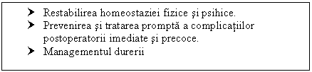 Text Box: † Restabilirea homeostaziei fizice si psihice.
† Prevenirea si tratarea prompta a complicatiilor postoperatorii imediate si precoce.
† Managementul durerii

