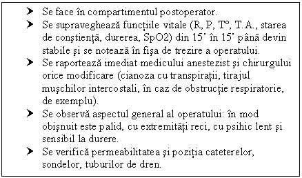 Text Box: † Se face in timentul postoperator.
† Se supravegheaza functiile vitale (R, P, T, T.A., starea de constienta, durerea, SpO2) din 15 in 15 pana devin stabile si se noteaza in fisa de trezire a operatului.
† Se raporteaza imediat medicului anestezist si chirurgului orice modificare (cianoza cu transpiratii, tirajul muschilor intercostali, in caz de obstructie respiratorie, de exemplu).
† Se observa aspectul general al operatului: in mod obisnuit este palid, cu extremitati reci, cu psihic lent si sensibil la durere. 
† Se verifica permeabilitatea si pozitia cateterelor, sondelor, tuburilor de dren.


