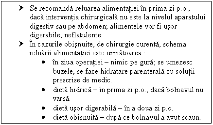 Text Box: † Se recomanda reluarea alimentatiei in prima zi p.o., daca interventia chirurgicala nu este la nivelul aparatului digestiv sau pe abdomen; alimentele vor fi usor digerabile, neflatulente.
† In cazurile obisnuite, de chirurgie curenta, schema reluarii alimentatiei este urmatoarea :
 in ziua operatiei  nimic pe gura; se umezesc buzele, se face hidratare parenterala cu solutii prescrise de medic.
 dieta hidrica  in prima zi p.o., daca bolnavul nu varsa.
 dieta usor digerabila  in a doua zi p.o.
 dieta obisnuita  dupa ce bolnavul a avut scaun.

