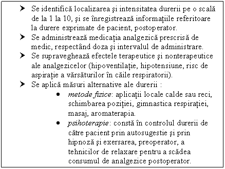 Text Box: † Se identifica localizarea si intensitatea durerii pe o scala de la 1 la 10, si se inregistreaza informatiile referitoare la durere exprimate de pacient, postoperator.
† Se administreaza medicatia analgezica prescrisa de medic, respectand doza si intervalul de administrare.
† Se supravegheaza <a href=