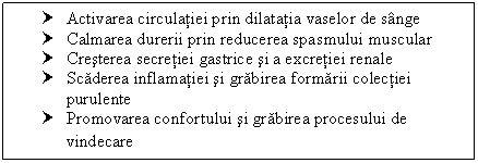 Text Box: † Activarea circulatiei prin dilatatia vaselor de sange
† Calmarea durerii prin reducerea spasmului muscular
† Cresterea secretiei gastrice si a excretiei renale
† Scaderea inflamatiei si grabirea formarii colectiei purulente
† Promovarea confortului si grabirea procesului de vindecare
