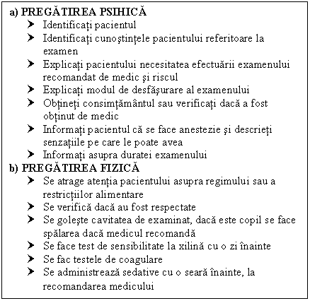 Text Box: a) PREGATIREA PSIHICA
† Identificati pacientul
† Identificati cunostintele pacientului referitoare la examen
† Explicati pacientului necesitatea efectuarii examenului recomandat de medic si riscul
† Explicati modul de desfasurare al examenului
† Obtineti consimtamantul sau verificati daca a fost obtinut de medic
† Informati pacientul ca se face anestezie si descrieti senzatiile pe care le poate avea
† Informati asupra duratei examenului
b) PREGATIREA FIZICA
† Se atrage atentia pacientului asupra regimului sau a restrictiilor alimentare
† Se verifica daca au fost respectate
† Se goleste cavitatea de examinat, daca este copil se face spalarea daca medicul recomanda
† Se face test de sensibilitate la xilina cu o zi inainte
† Se fac testele de coagulare
† Se administreaza <a href=