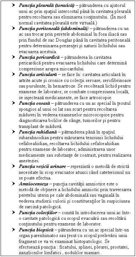 Text Box: † Punctia pleurala (toracica)  patrunderea cu ajutorul unui ac prin spatiul intercostal pana in cavitatea pleurala pentru recoltarea sau eliminarea continutului. (In mod normal cavitatea pleurala este virtuala.)
† Punctia peritoneala (abdominala)  patrunderea cu un ac sau trocar prin peretele abdominal in fosa iliaca sau prin fundul de sac Douglas pana in cavitatea peritoneala pentru determinarea prezentei si naturii lichidului sau evacuarea acestuia.
† Punctia pericardica  patrunderea in cavitatea pericardica pentru evacuarea lichidului care determina compresiune asupra miocardului.
† Punctia articulara  se face in: cavitatea articulara in <a href=