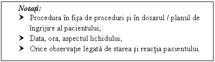 Text Box: Notati:
† Procedura in fisa de proceduri si in dosarul / ul de ingrijire al pacientului;
† Data, ora, aspectul lichidului;
† Orice observatie legata de starea si reactia pacientului.
† 
