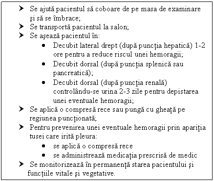 Text Box: † Se ajuta pacientul sa coboare de pe masa de examinare si sa se imbrace;
† Se transporta pacientul la salon;
† Se aseaza pacientul in:
 Decubit lateral drept (dupa punctia hepatica) 1-2 ore pentru a reduce riscul unei hemoragii;
 Decubit dorsal (dupa punctia splenica sau pancreatica);
 Decubit dorsal (dupa punctia renala) controlandu-se urina 2-3 zile pentru depistarea unei eventuale hemoragii;
† Se aplica o compresa rece sau punga cu gheata pe 
 regiunea punctionata;
† Pentru prevenirea unei eventuale <a href=