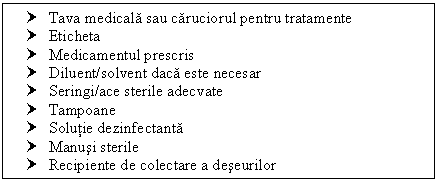 Text Box: † Tava medicala sau caruciorul pentru tratamente
† Eticheta
† Medicamentul prescris
† Diluent/solvent daca este necesar
† Seringi/ace sterile adecvate
† Tampoane
† Solutie dezinfectanta
† Manusi sterile 
† Recipiente de colectare a deseurilor
