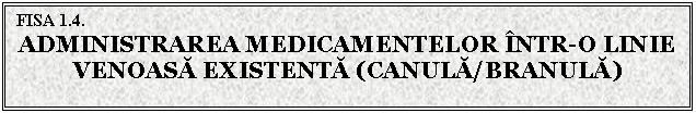 Text Box: FISA 1.4. 
ADMINISTRAREA MEDICAMENTELOR INTR-O LINIE VENOASA EXISTENTA (CANULA/BRANULA)


